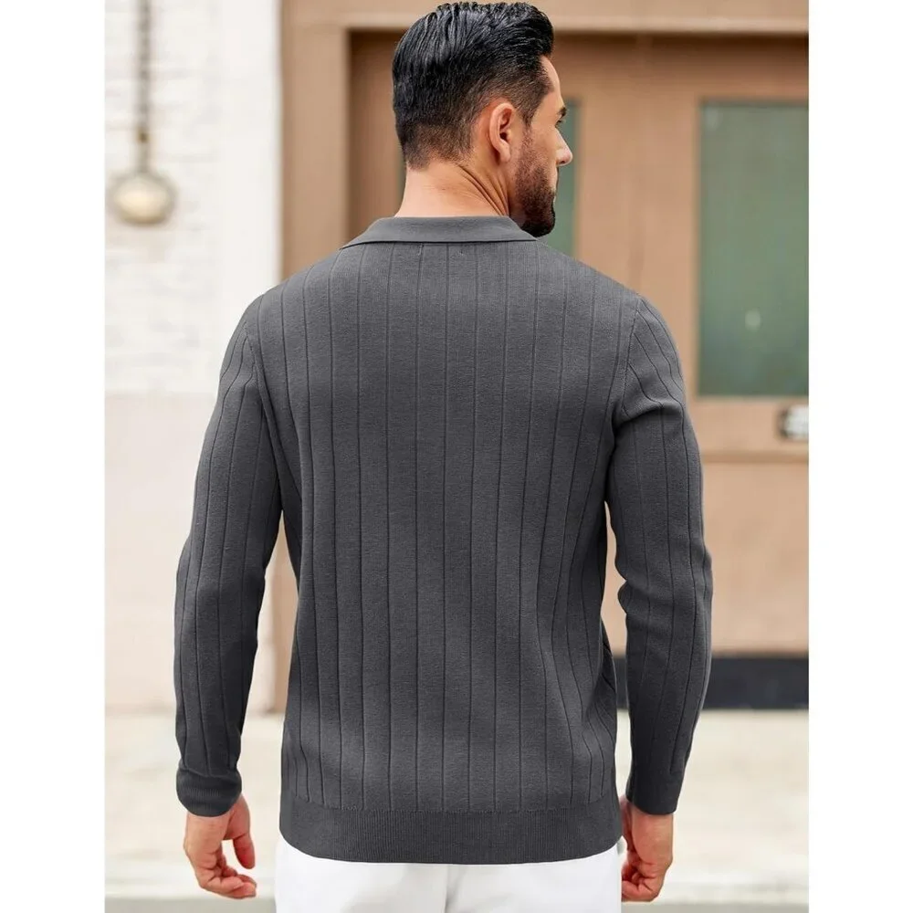 Coofandy Men Grey Polo Long Sleeve V Neck Knit Lightweight Pullover Sweater